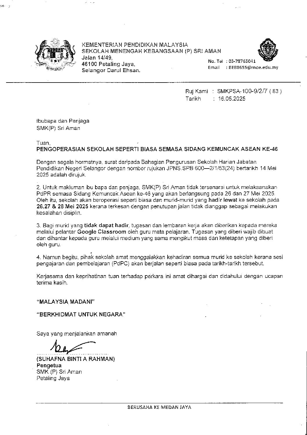 SURAT MAKLUMAN PENGOPERASIAN SEKOLAH SEPERTI BIASA SEMASA SIDANG KEMUNCAK ASEAN KE-46