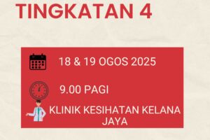Makluman kepada murid Tingkatan 4 berkaitan Saringan Thalasemia yang akan diadakan pada 18 dan 19 Ogos 2025. Murid yang terlibat perlu hadir pada tarikh tersebut.